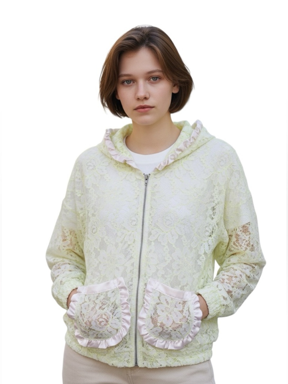Chic Lace Women's Jacket with Satin Trim - white